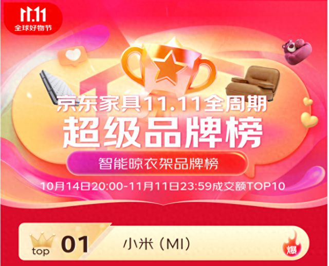 米家智能晾衣机双11京东成交额TOP1凯发K8国际版6大单品上榜 包揽金榜前三